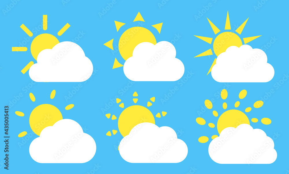 Decor of objects, rooms, dishes, furniture, bed linen. Stickers suns and clouds yellow and white colors for children isolated on blue background.For applications, websites.Weather element Decor of objects, rooms, dishes, furniture, bed linen. Stickers suns and clouds yellow and white colors for children isolated on blue background.For applications, websites.Weather element