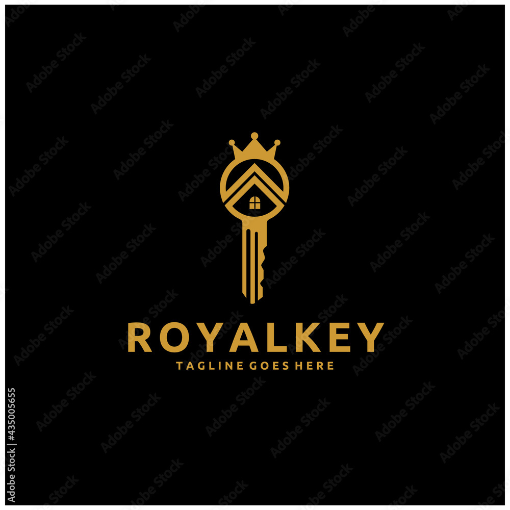 Royal Key Vector Logo for Hotels, Real Estate Agencies, VIP Houses, Building, Architectural, Residential Companies or Constructions Business, Illustration of Old Door Key Gold Colored with Crown Royal Key Vector Logo for Hotels, Real Estate Agencies, VIP Houses, Building, Architectural, Residential Companies or Constructions Business, Illustration of Old Door Key Gold Colored with Crown