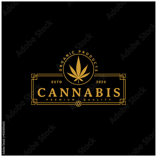 Vintage Cannabis Rectangle Stamp Logo Design