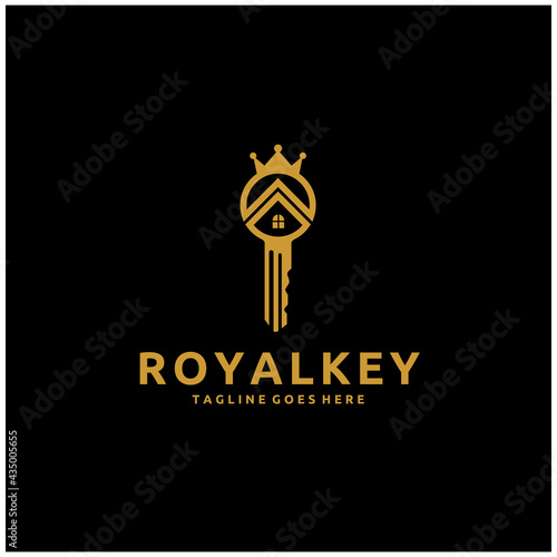 Royal Key Vector Logo for Hotels, Real Estate Agencies, VIP Houses, Building, Architectural, Residential Companies or Constructions Business, Illustration of Old Door Key Gold Colored with Crown