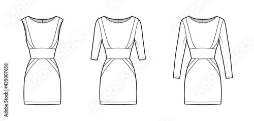 Set of Dresses panel tube technical fashion illustration with hourglass silhouette, long elbow sleeves, fitted body, mini knee length skirt. Flat apparel front, white color style. Women men CAD mockup