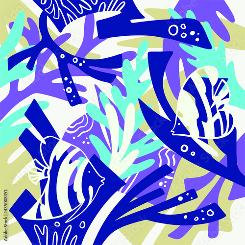 Design with underwater coral motifs for graphic backgrounds, mural prints, invitation cards, wallpaper, fabric prints, and industrial uses. Modern and minimalist latest vector coral.