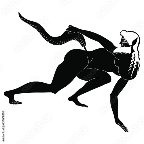 Ancient Greek satyr with long tail. Vase painting style. Black and white negative silhouette.