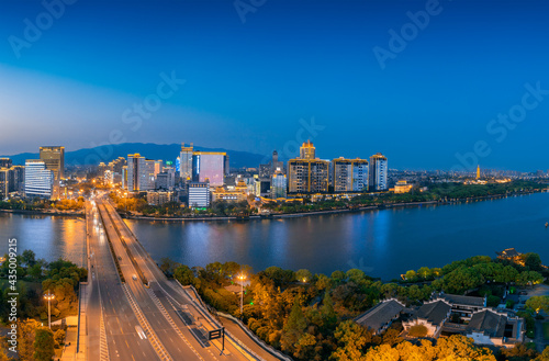 Urban environment at the intersection of Jinhua River，Yangjiang River and Wuyi River, Jinhua City, Zhejiang Province, China