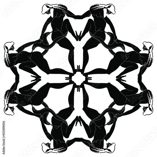 Geometrical ethnic design with dancing ancient Greek satyrs. Black and white silhouette.