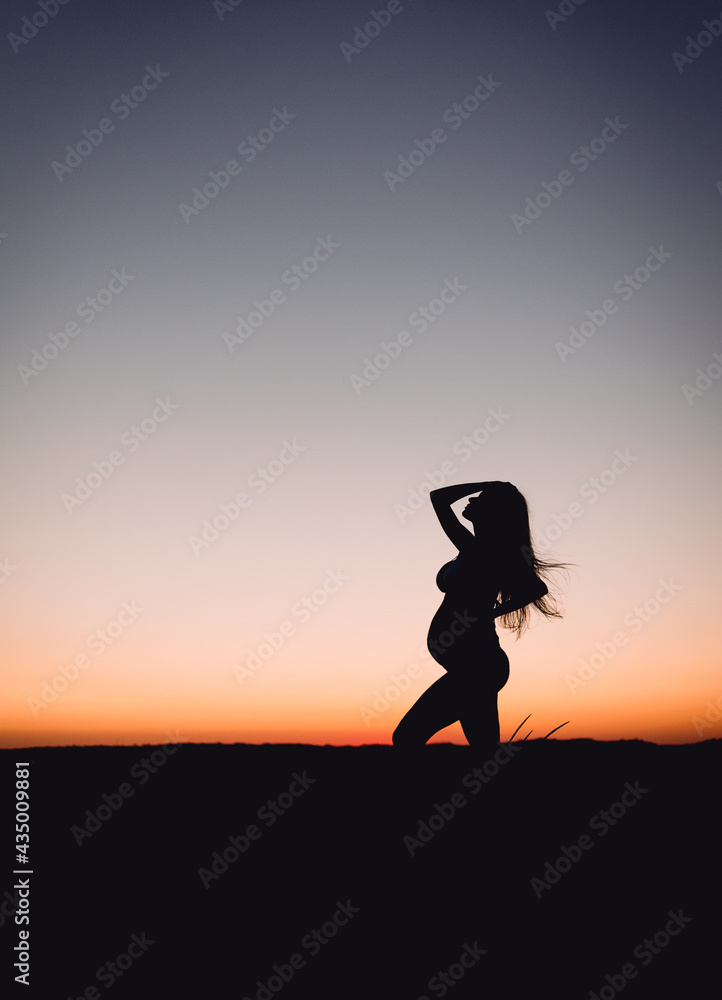 Young adult pregnant woman stands in the field at sunset. Future mom in the twilight. Maternity and fertility concept. Copy space. Pregnancy and motherhhod.