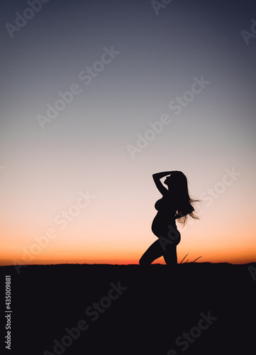 Young adult pregnant woman stands in the field at sunset. Future mom in the twilight. Maternity and fertility concept. Copy space. Pregnancy and motherhhod.