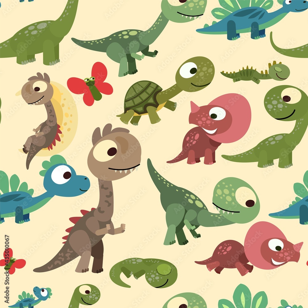 Obraz premium Little cubs dinosaurs. Seamless background illustration. Cheerful kind animal baby dino. Cartoons flat style. Prehistoric reptile. Funny. vector
