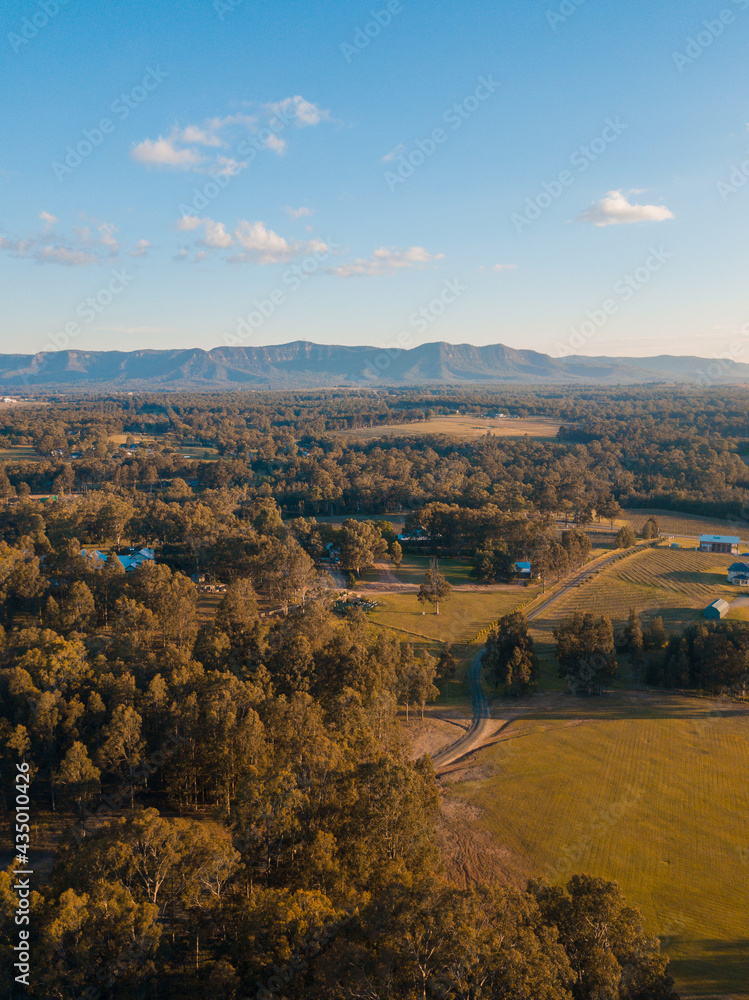 Aerial view of rural mountain area in NSW, Australia.