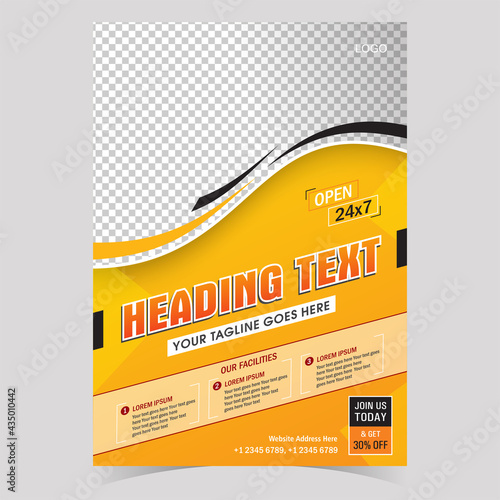 Gym fitness body building flyer Orange Yellow A4 size template creative design with Photo space.
