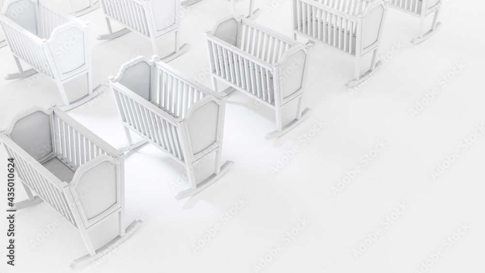  3D Rendering / Illustration. Rows of wooden baby cribs on a white background.