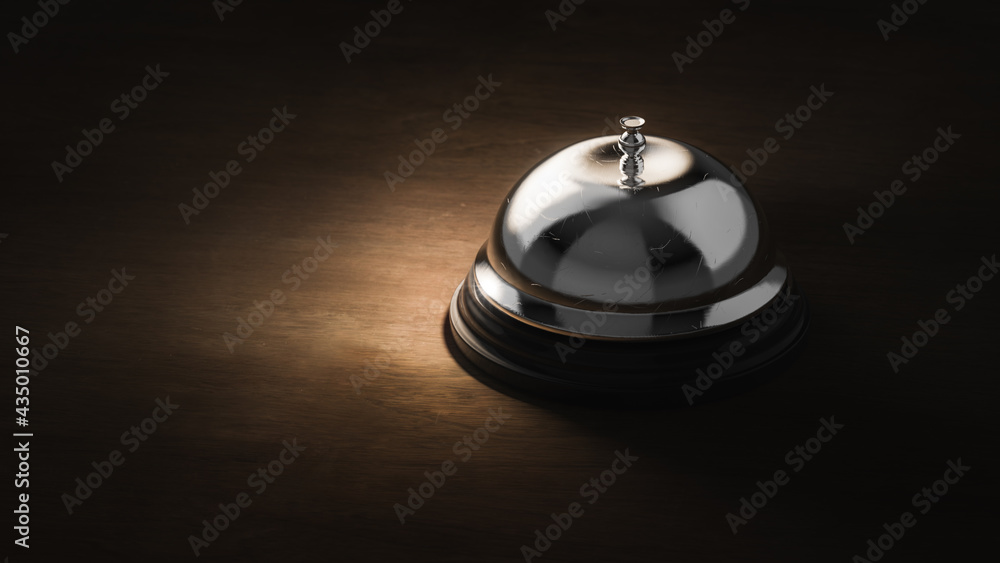 ( 3D Rendering, Illustration ) Shiny concierge hotel bell on a wooden surface ( 3D Rendering, Illustration ) Shiny concierge hotel bell on a wooden surface
