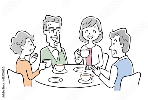 ベクターイラスト素材：カフェで楽しく話すシニア男性とシニア女性たち
