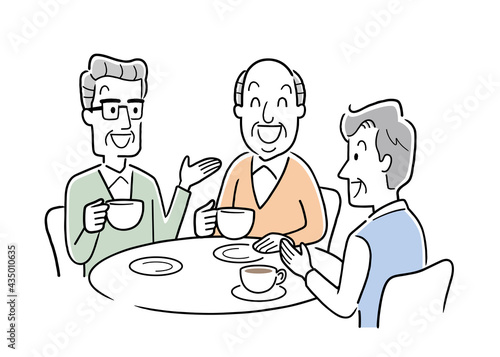 ベクターイラスト素材：カフェで楽しく話すシニア男性たち
