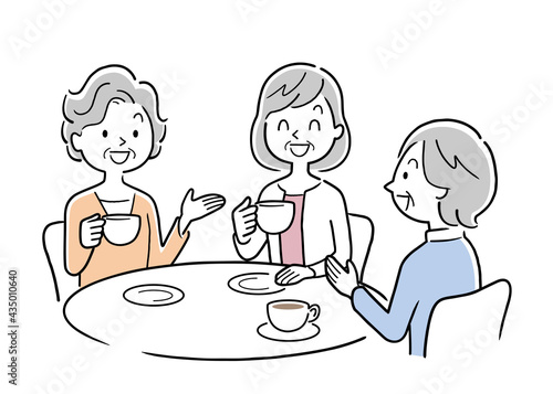 ベクターイラスト素材：カフェで楽しく話すシニア女性たち

