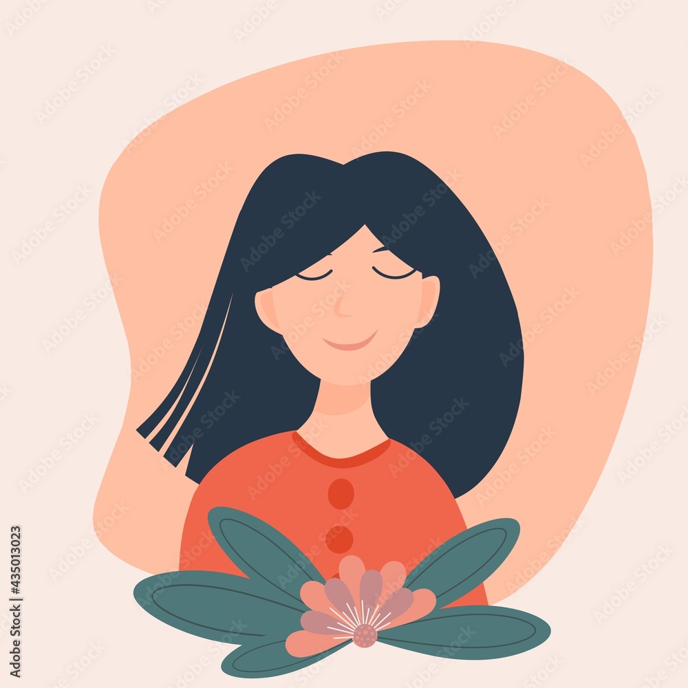 Flat Ilustration character of girl smile and closed eyes or doing mindfulness. Avatar girl doing yoga background. Vector Ilustration. Flat Ilustration character of girl smile and closed eyes or doing mindfulness. Avatar girl doing yoga background. Vector Ilustration.