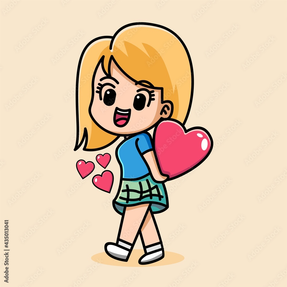 Cute girl holding heart, happy valentine, cartoon character illustration Cute girl holding heart, happy valentine, cartoon character illustration