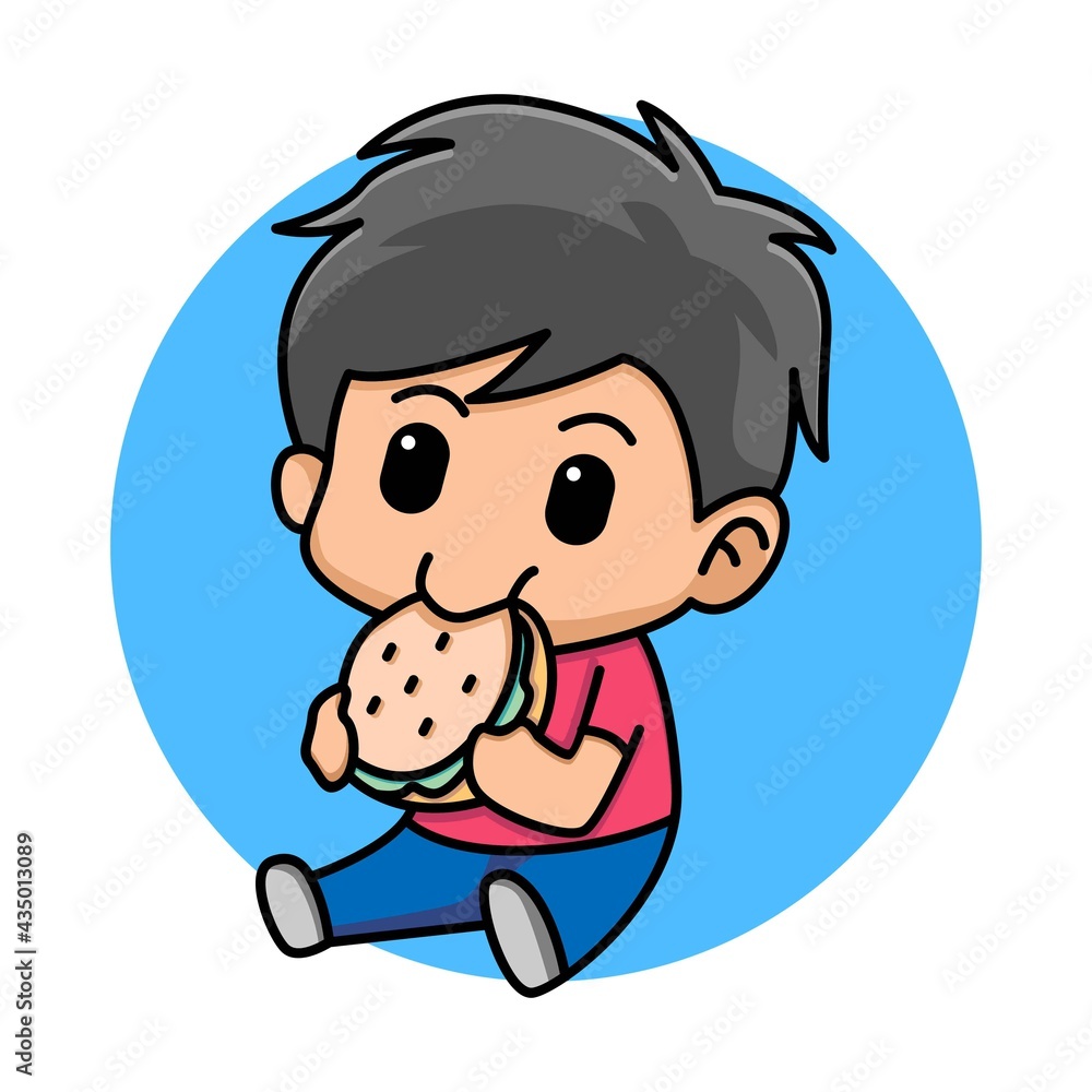 Cute boy eating hamburger cartoon illustration
