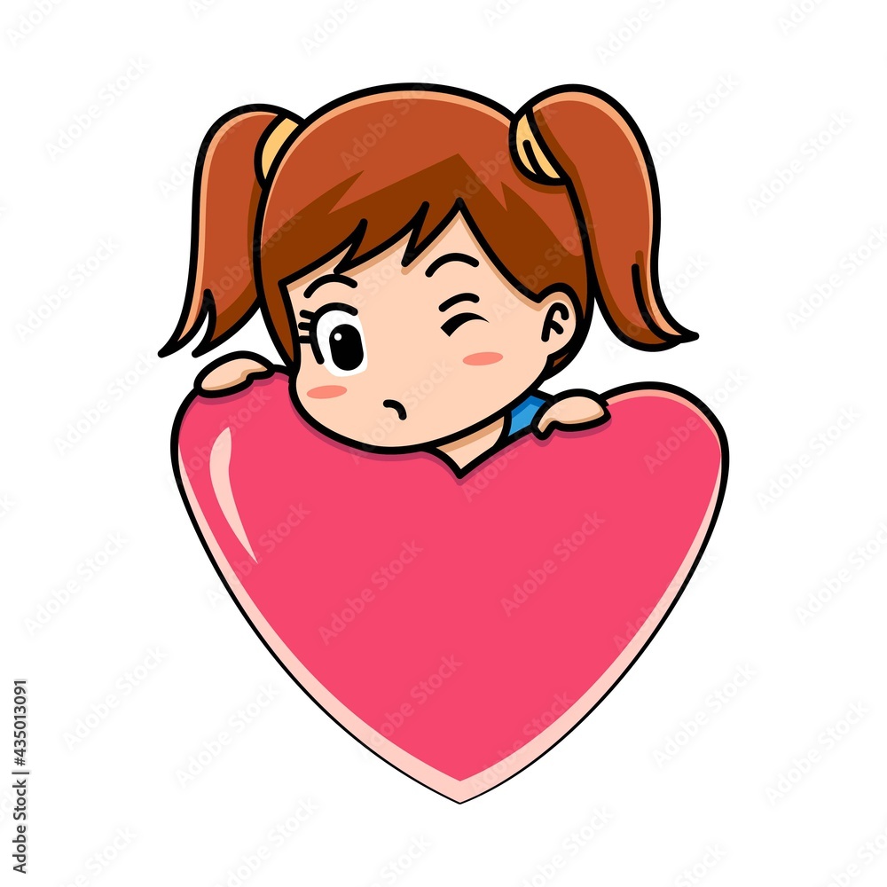 Cute girl holding red heart, valentine concept, cartoon illustration Cute girl holding red heart, valentine concept, cartoon illustration