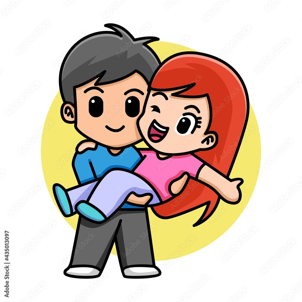 Cute boy holding his girlfriend, valentine concept, cartoon illustration Cute boy holding his girlfriend, valentine concept, cartoon illustration