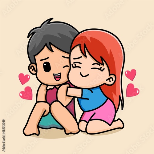 Cute girl hugging her boyfriend from beside, happy valentine, cartoon character illustration