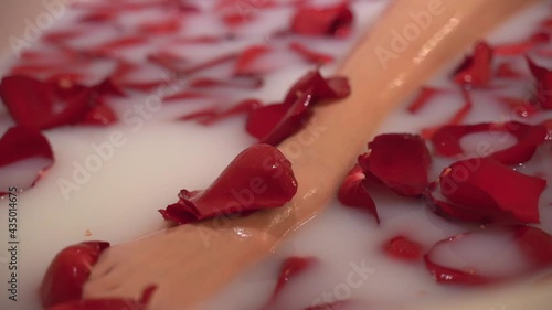 Young woman in white foam bath with red rose petals.  Valentine day celebration idea. Spa treatment