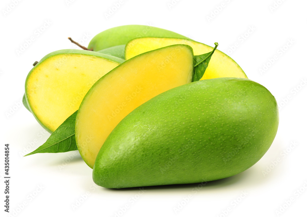 fresh green mangoes on white background. fresh green mangoes on white background.
