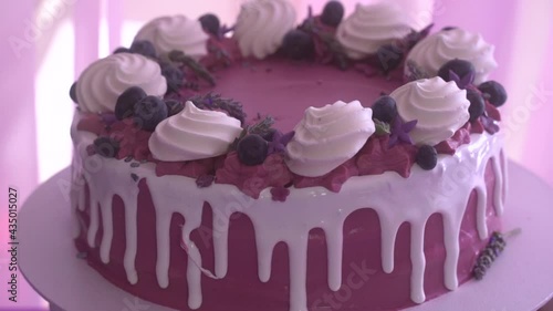 Close up of a violate blueberry cake. Newly born girls birthday treats table