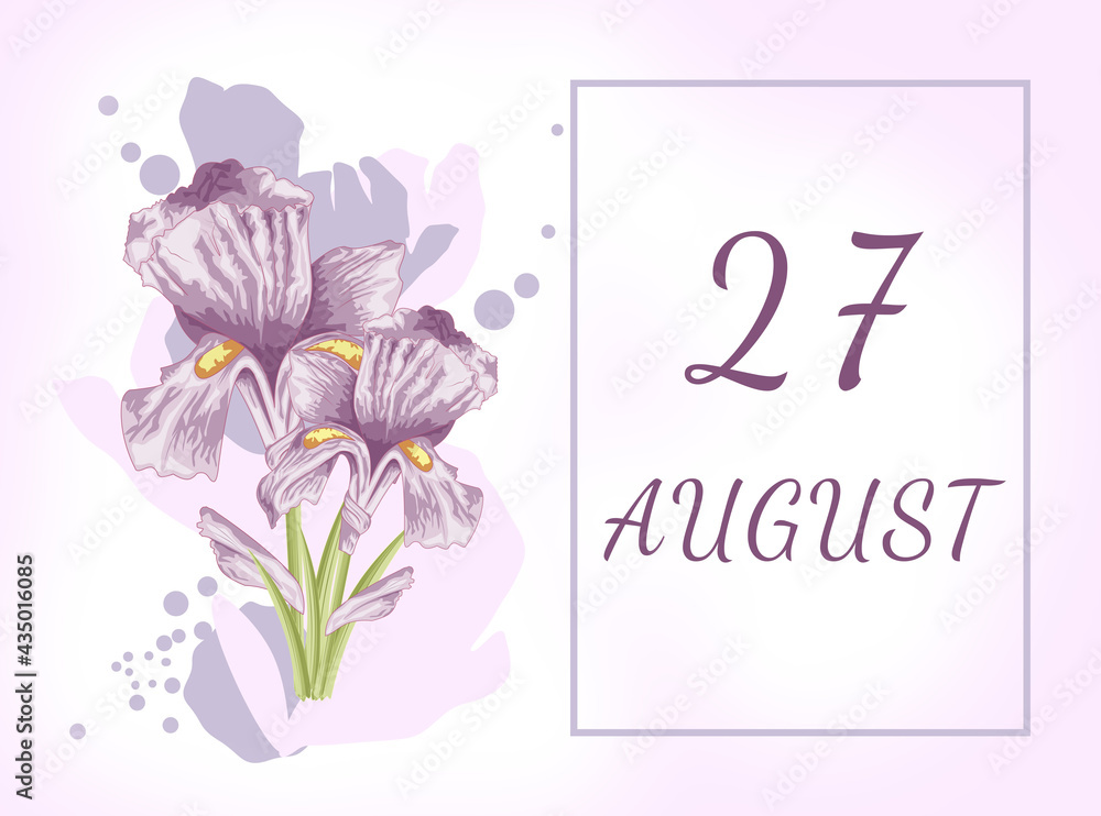 august 27. 27th day of the month, calendar date.Two beautiful iris flowers, against a background of blurred spots, pastel colors. Gentle illustration.Summer month, day of the year concept