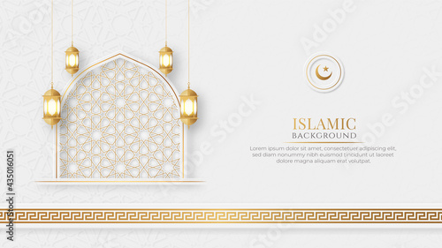 Arabic Islamic Elegant White and Golden Luxury Ornamental Background with Islamic Pattern and Decorative Lantern Ornament Border Frame