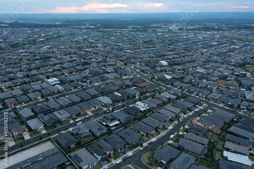 Aerial view of new housing development in the rapidly growing south west Sydney suburb of Oran Park, Australia.