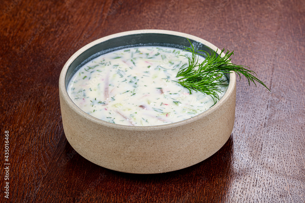 Russian traditional cold soup Okroshka Russian traditional cold soup Okroshka