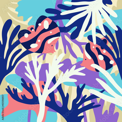 New designs of underwater coral and fish motifs for graphic backgrounds, mural prints, invitation cards, wallpaper, fabric prints, and industrial uses. Modern and minimalist latest vector coral.