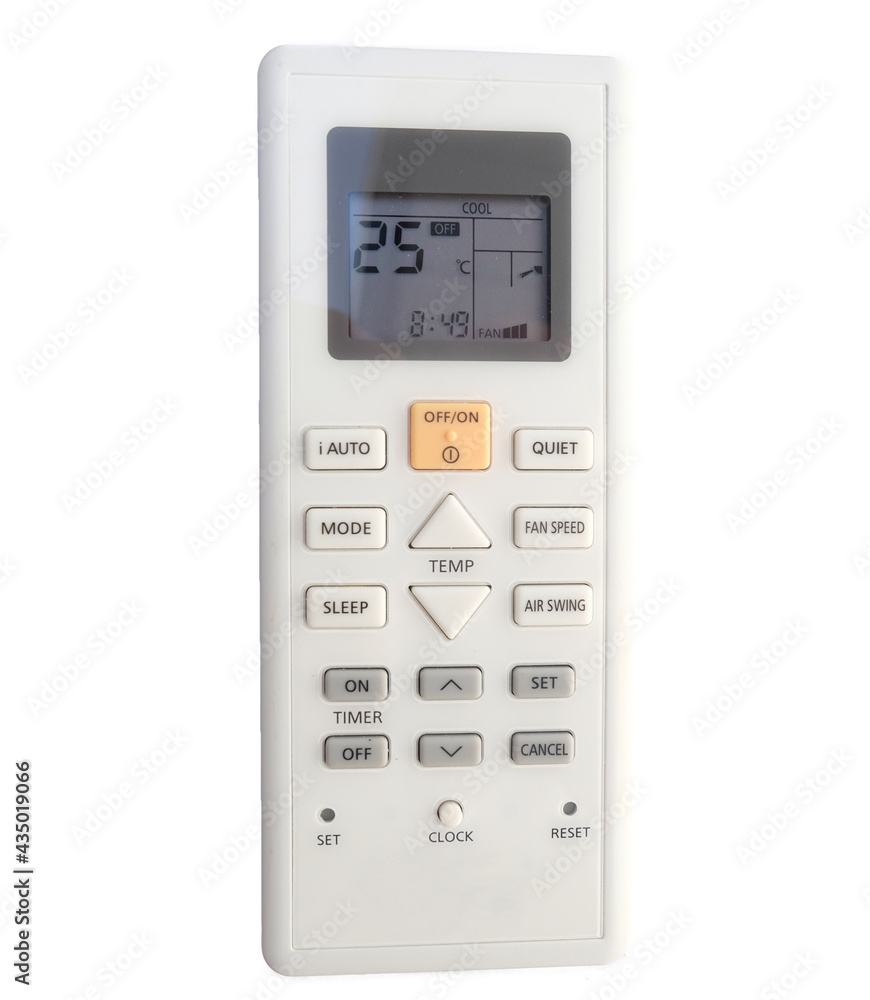 The air conditioner remote control is placed separately on a white background. The air conditioner remote control is placed separately on a white background.