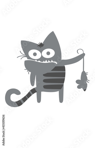 The gray cat had just caught a mouse. Comic character. Vector image for prints  poster and illustrations.