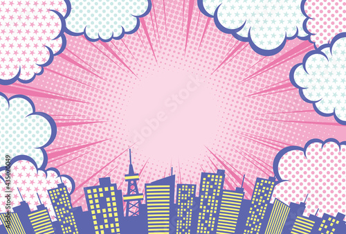 コミックアート風のカラフルな背景の都市のフレーム素材