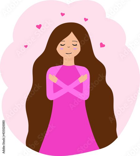 Vector illustration. Cute girl hugs herself. It can be used for postcards, banners.