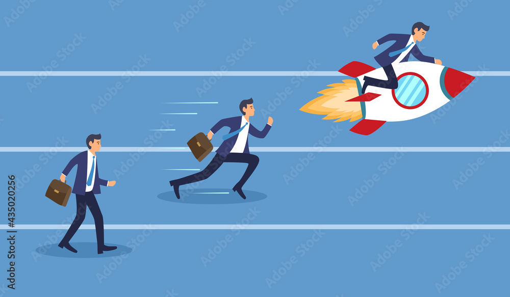 Business competitors and challenge concept. Businessman walking, running and flying to finish goal in flat design.