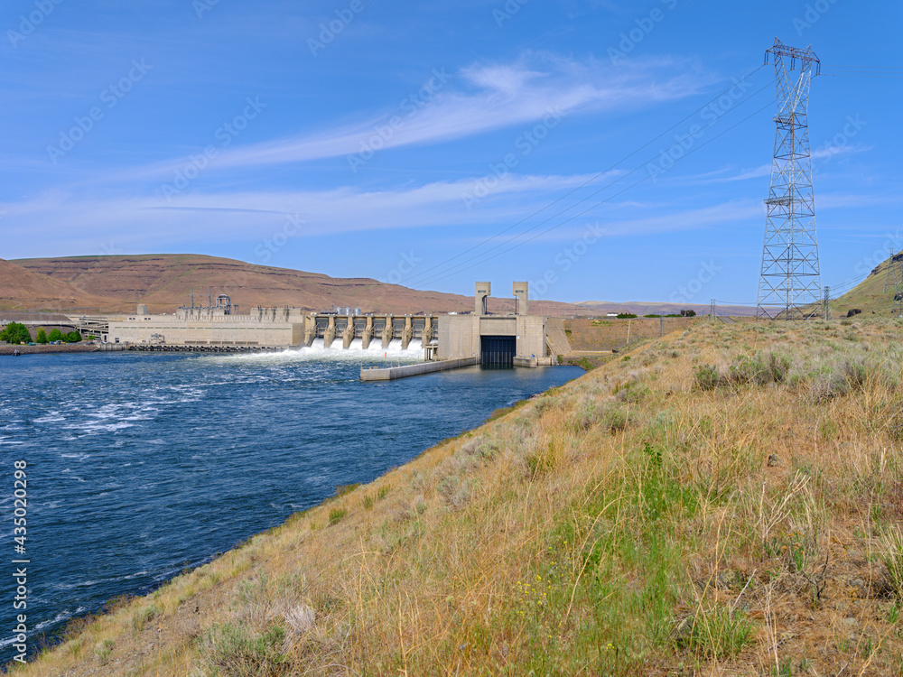 Lower Monument Dam and Transmission Structure on the Snake River, Washington, USA