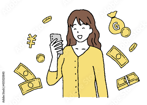 シンプルなタッチ　スマホでお金が手に入って喜ぶ女性のイラストレーション
