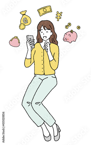 シンプルなタッチ　スマホでお金が手に入って喜ぶ女性のイラストレーション