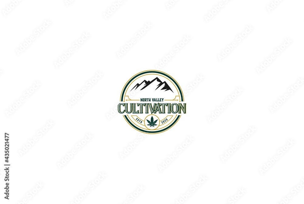 Retro Vintage Marijuana Cannabis Ganja Leaf with Mountain Hill for Hemp CBD Oil Product Label Logo Design Vector