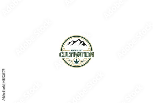 Retro Vintage Marijuana Cannabis Ganja Leaf with Mountain Hill for Hemp CBD Oil Product Label Logo Design Vector