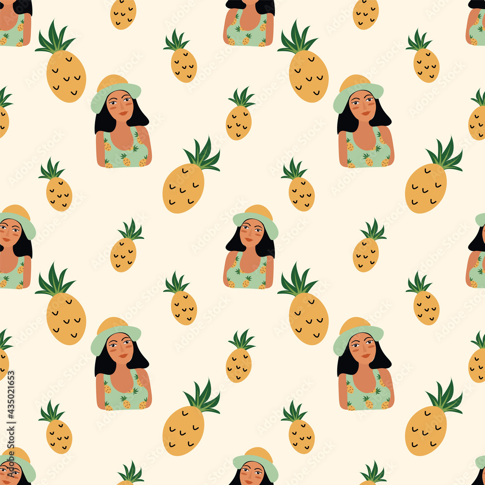 Fototapeta premium Summer vector illustration seamless pattern with cute women. Summer holliday, vacation, travel. Vector templates for card, poster, flyer, banner and other use.