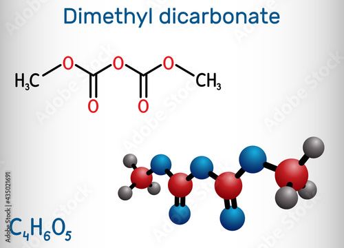Dimethyl dicarbonate, DMDC, velcorin, dimethyl pyrocarbonate molecule. It is beverage preservative, sterilant, food additive E242. Structural chemical formula and molecule model
