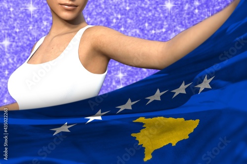 pretty woman holds Kosovo flag in front on the blue shining sparks background - flag concept 3d illustration