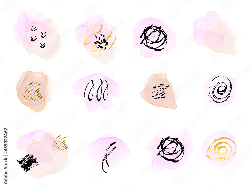 Rose gold and soft brown ink, pastel pink shapes frame boho decoration. Watercolor abstract painting background. Rough liquid circle with black, gold lines. Vector