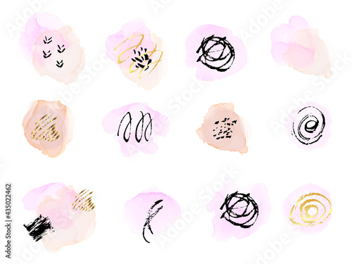 Rose gold and soft brown ink, pastel pink shapes frame boho decoration. Watercolor abstract painting background. Rough liquid circle with black, gold lines. Vector © artemisia1508