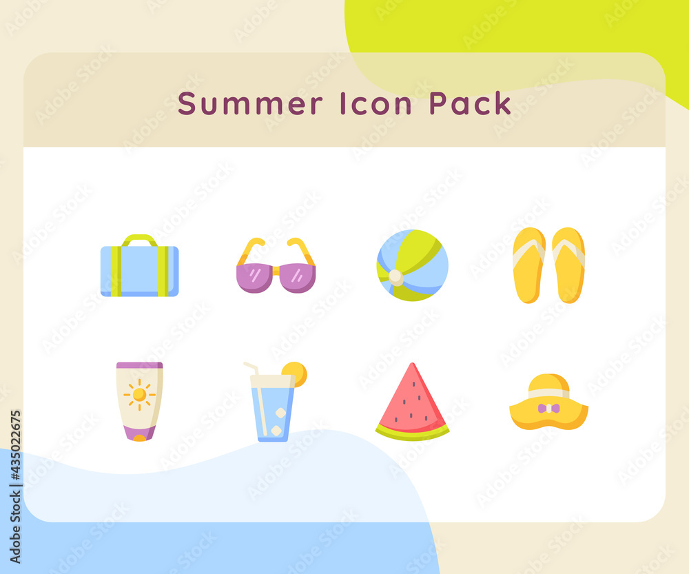 summer icon pack collection white isolated background with color cartoon flat style