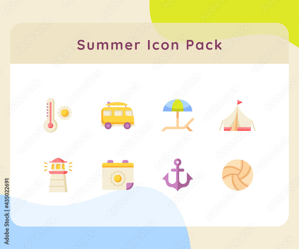 Obraz premium summer icon pack collection white isolated background with color cartoon flat style